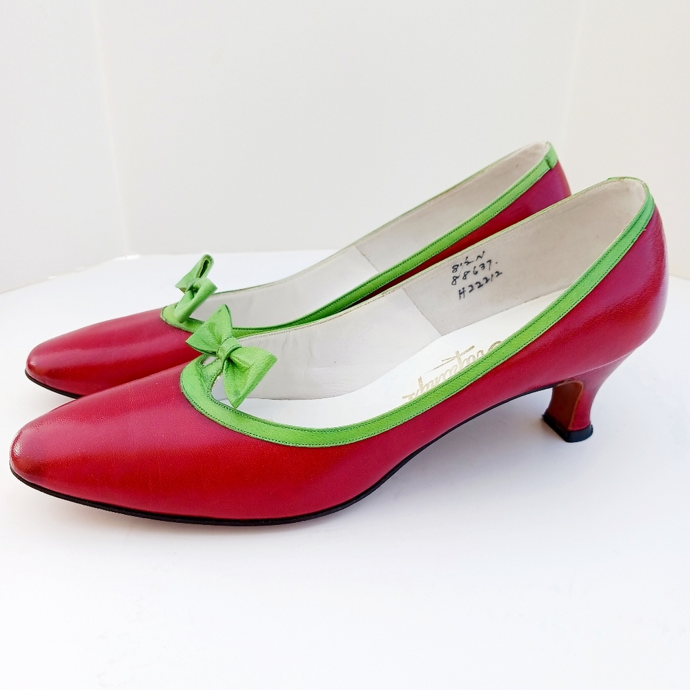 Chic Red and Green Bow Heels